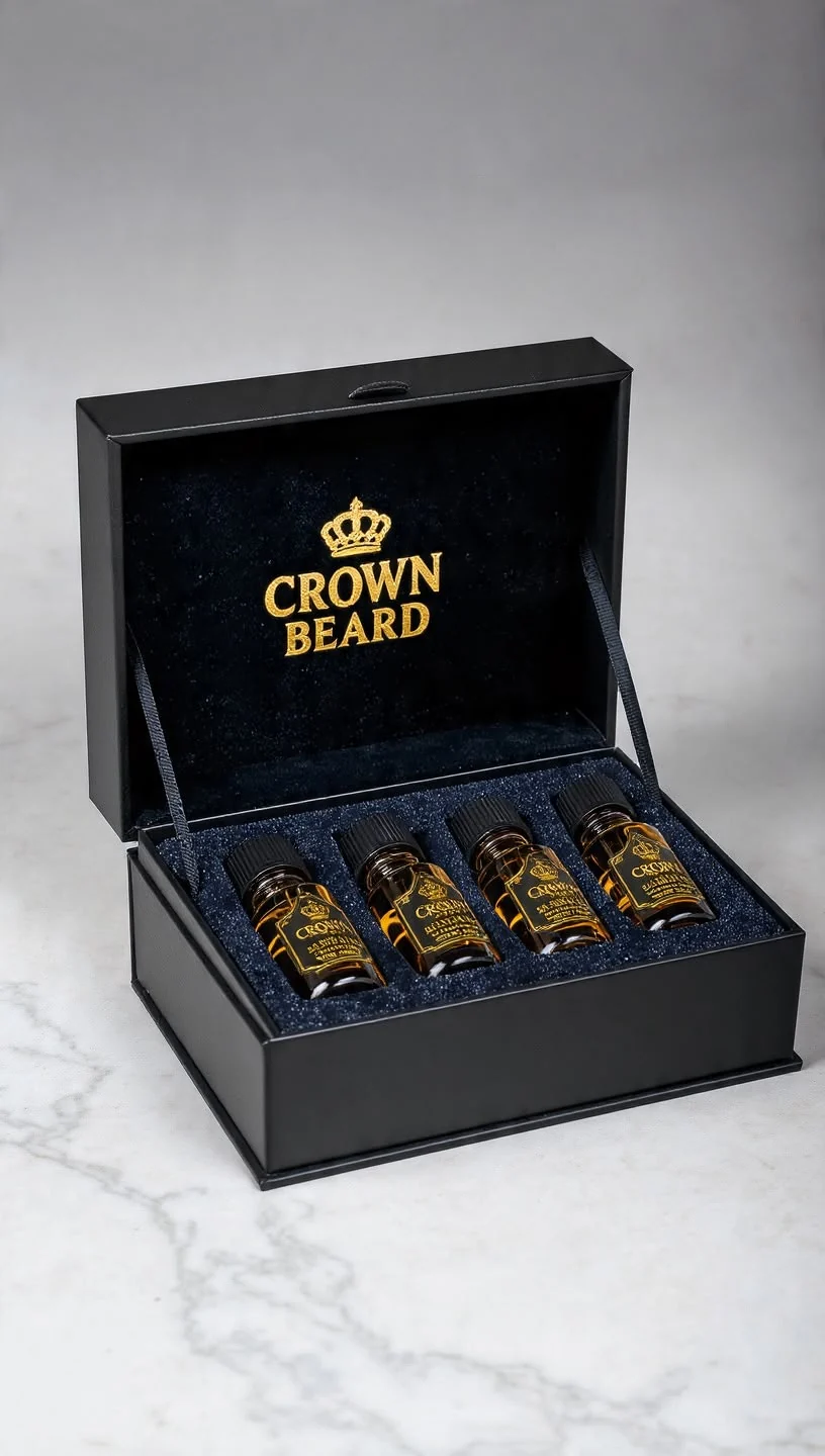 Crown Beard gift box with four bottles on velvet