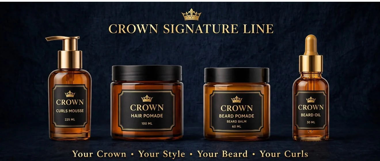 Crown Signature Line: Curls Mousse 225 ml, Hair Pomade 100 ml, Beard Pomade 60 ml and Beard Oil 30 ml